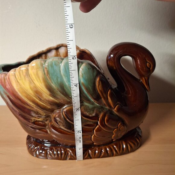 Vintage Japan Brown Drip Glaze Swan Planter Small Chip on Beak - Picture 2 of 5
